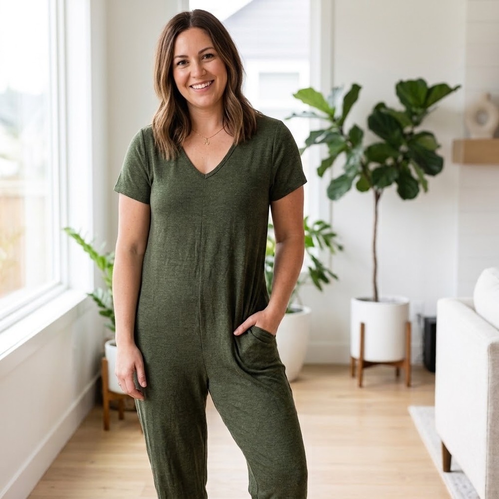 Smash + Tess Sunday Best Romper Medium Green Pockets Lounge Comfort Casual Cosy